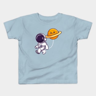 Cute Astronaut Walking With Cute Saturn Planet Cartoon Kids T-Shirt